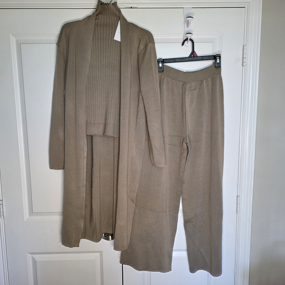 Women’s Taupe Knit Cardigan Set - Sweater, Top & Pants - Picture 2 of 11